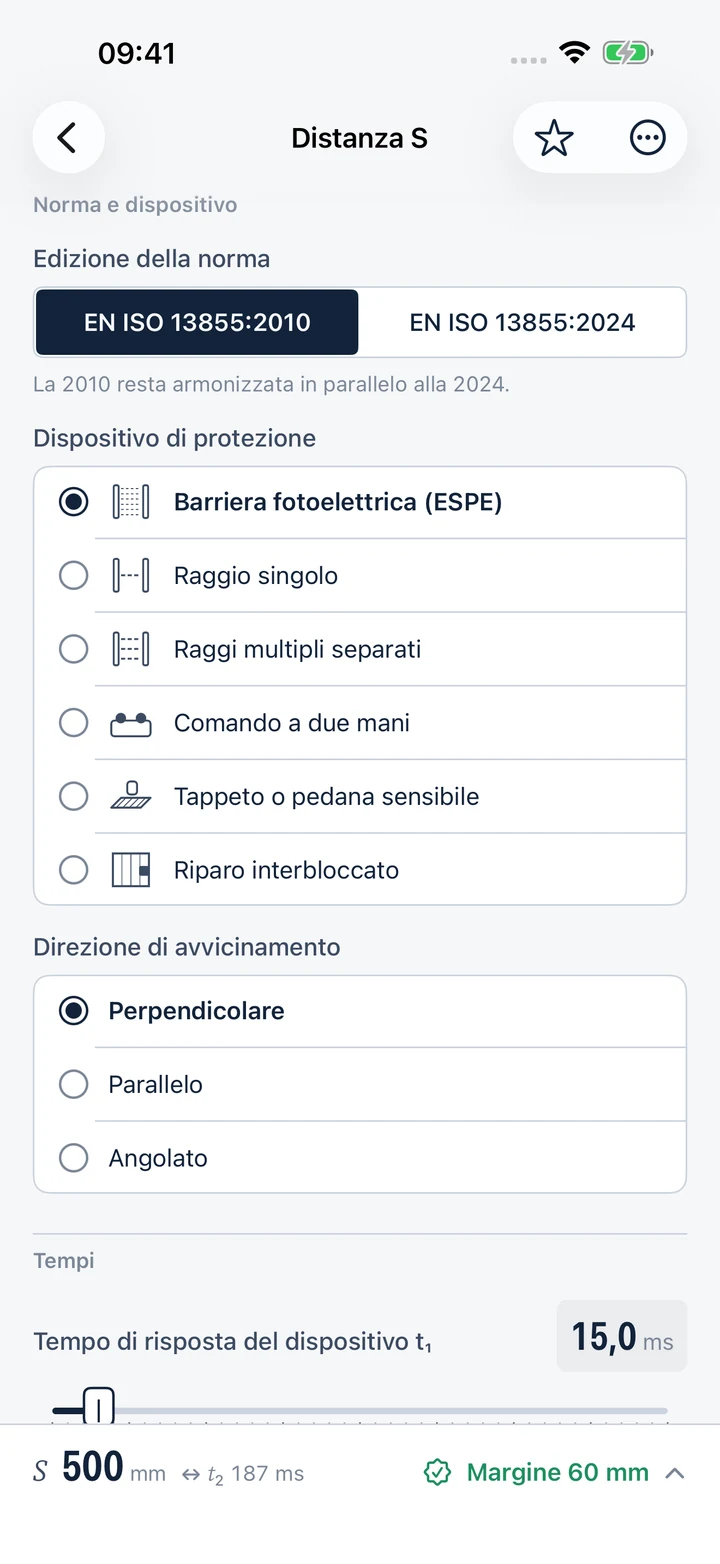 StopTime, calcolatore della distanza minima di sicurezza con scelta dell'edizione della norma e del dispositivo di protezione