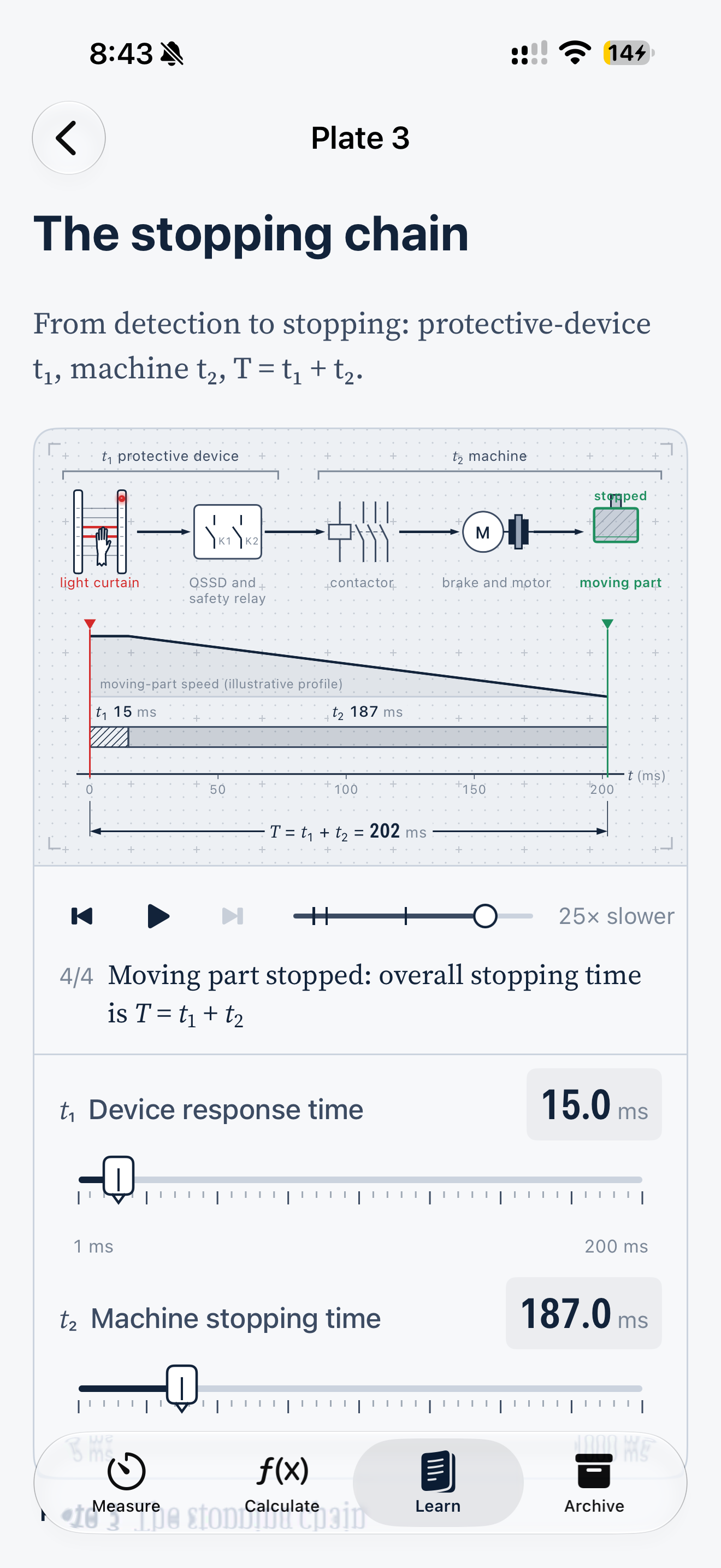 StopTime 1.1.0 in English on iPhone: animated stopping-chain diagram
