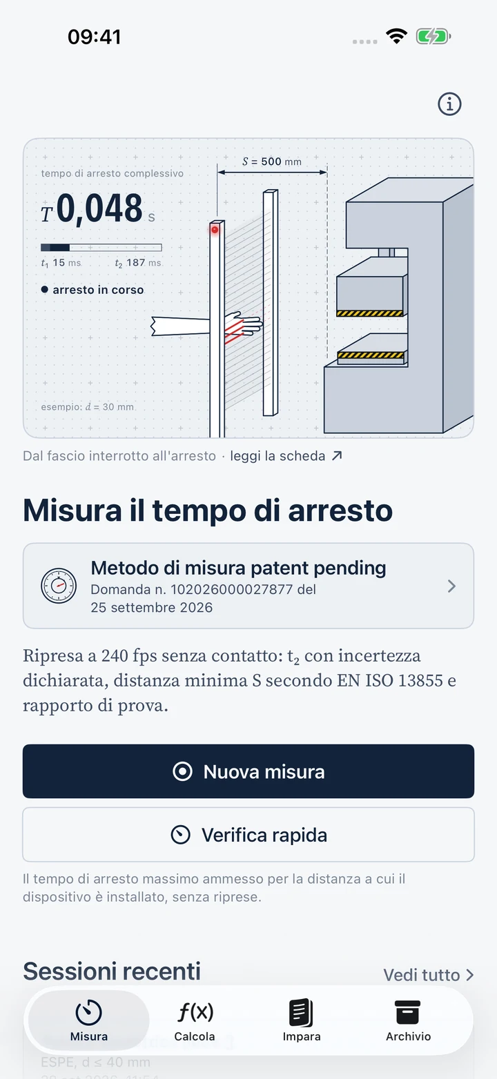 StopTime: schermata Misura con la tavola animata del tempo di arresto complessivo T