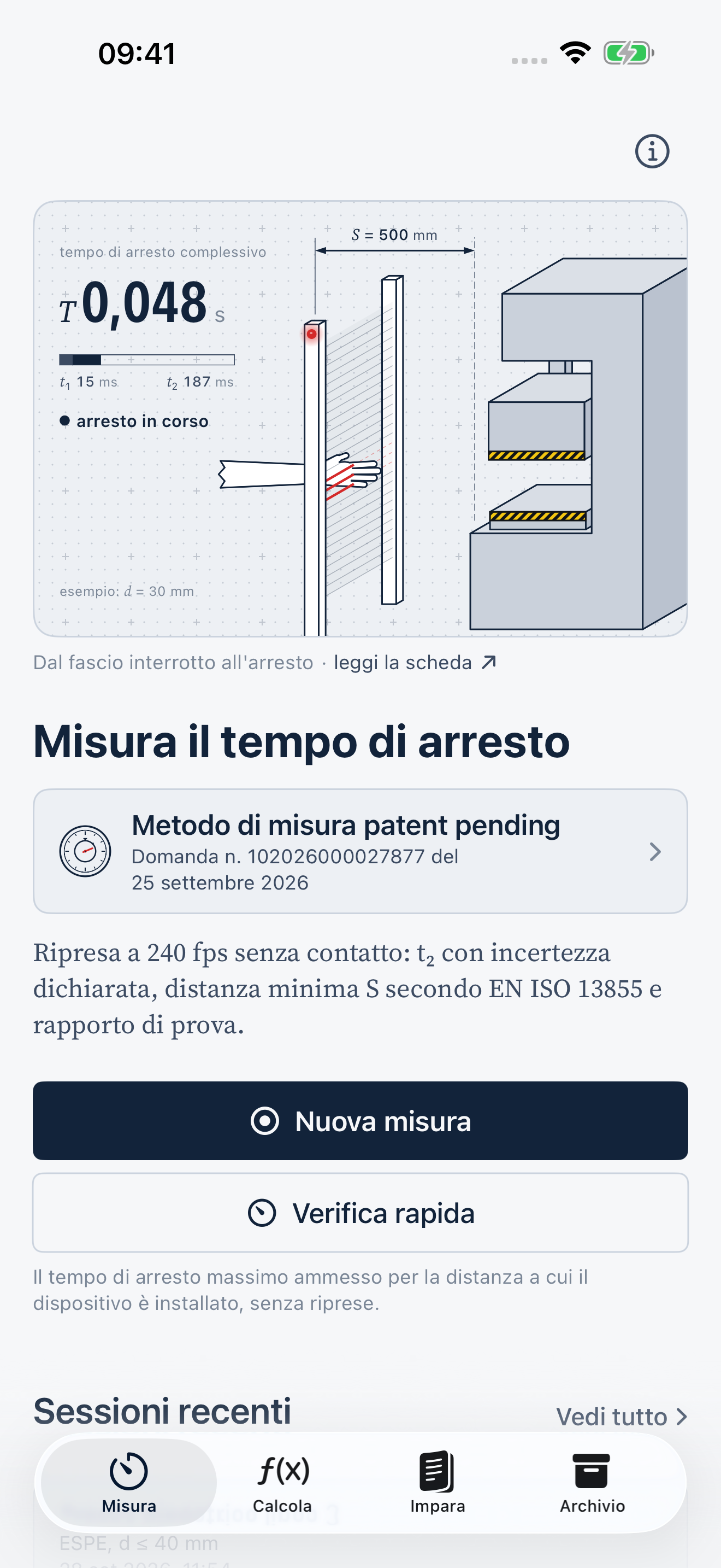 StopTime: schermata Misura con la tavola animata del tempo di arresto complessivo