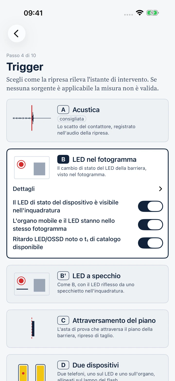 StopTime, passo Trigger: scelta fra acustica, LED nel fotogramma, LED a specchio e attraversamento del piano